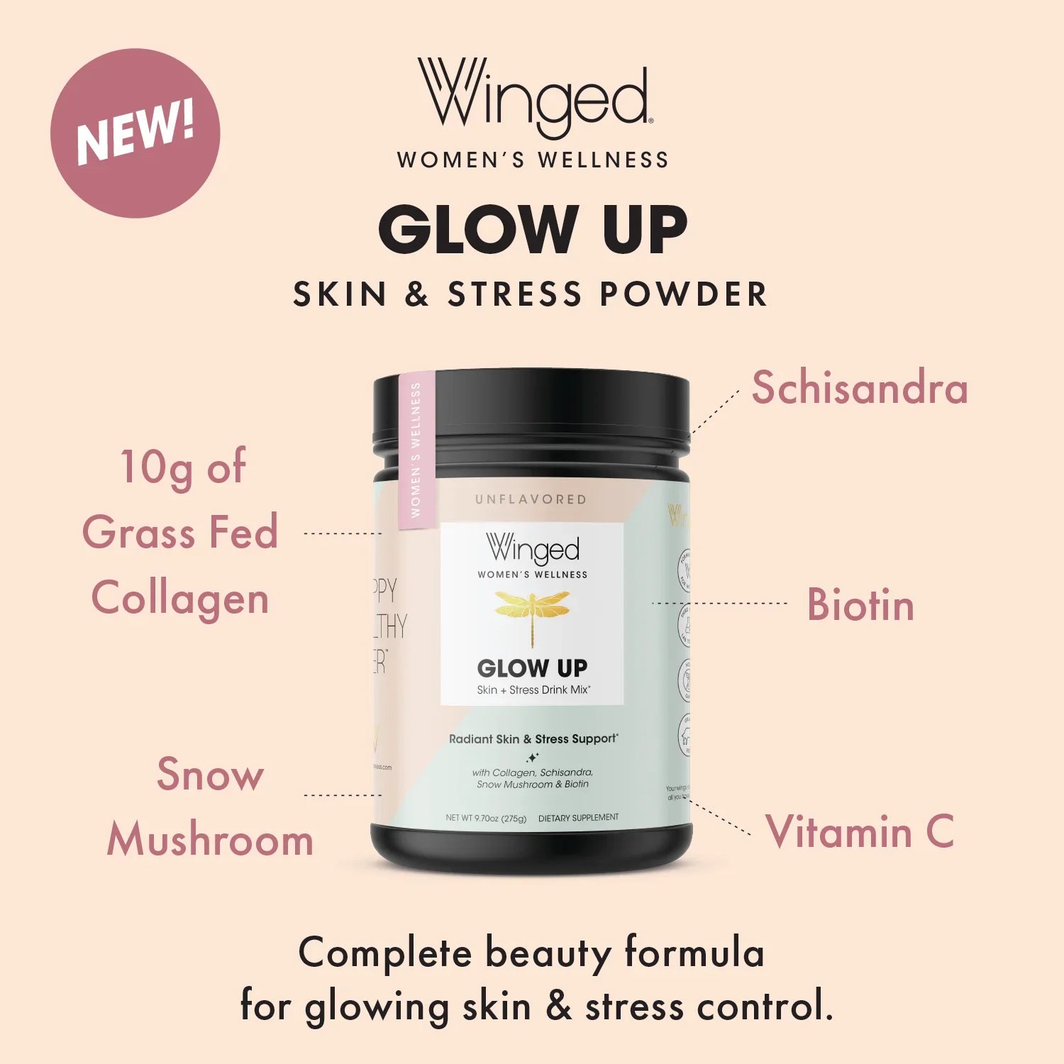 Glow Up Collagen & Stress Drink Mix Powder, 9.7 oz.